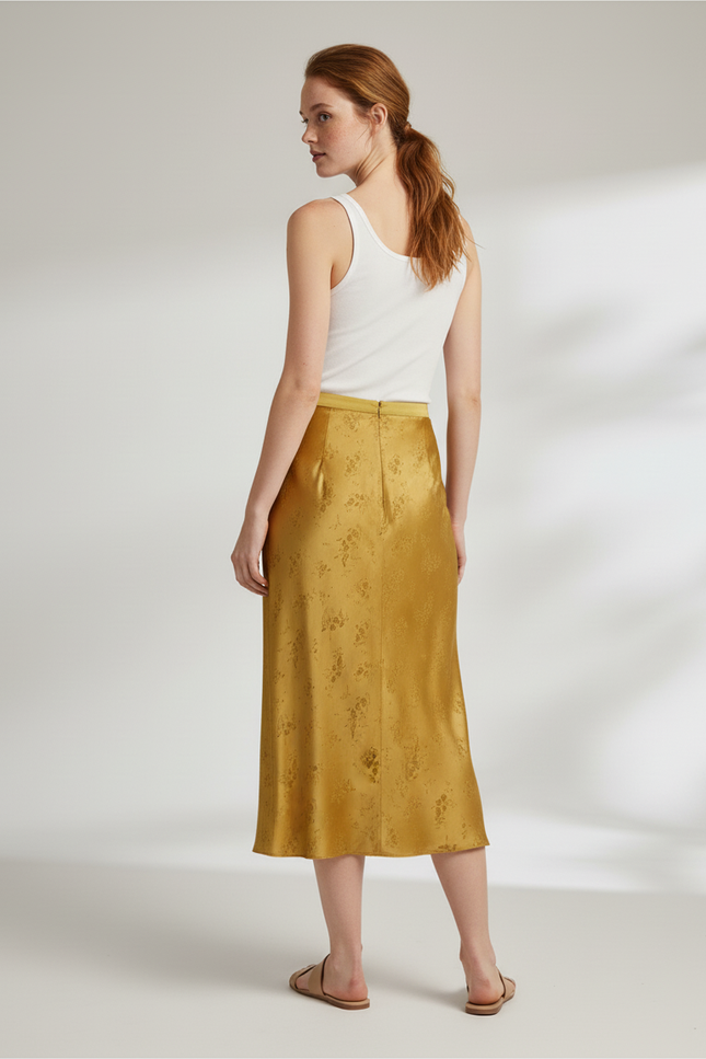 Jupe Longue Satin Jacquard Dorée Élégante