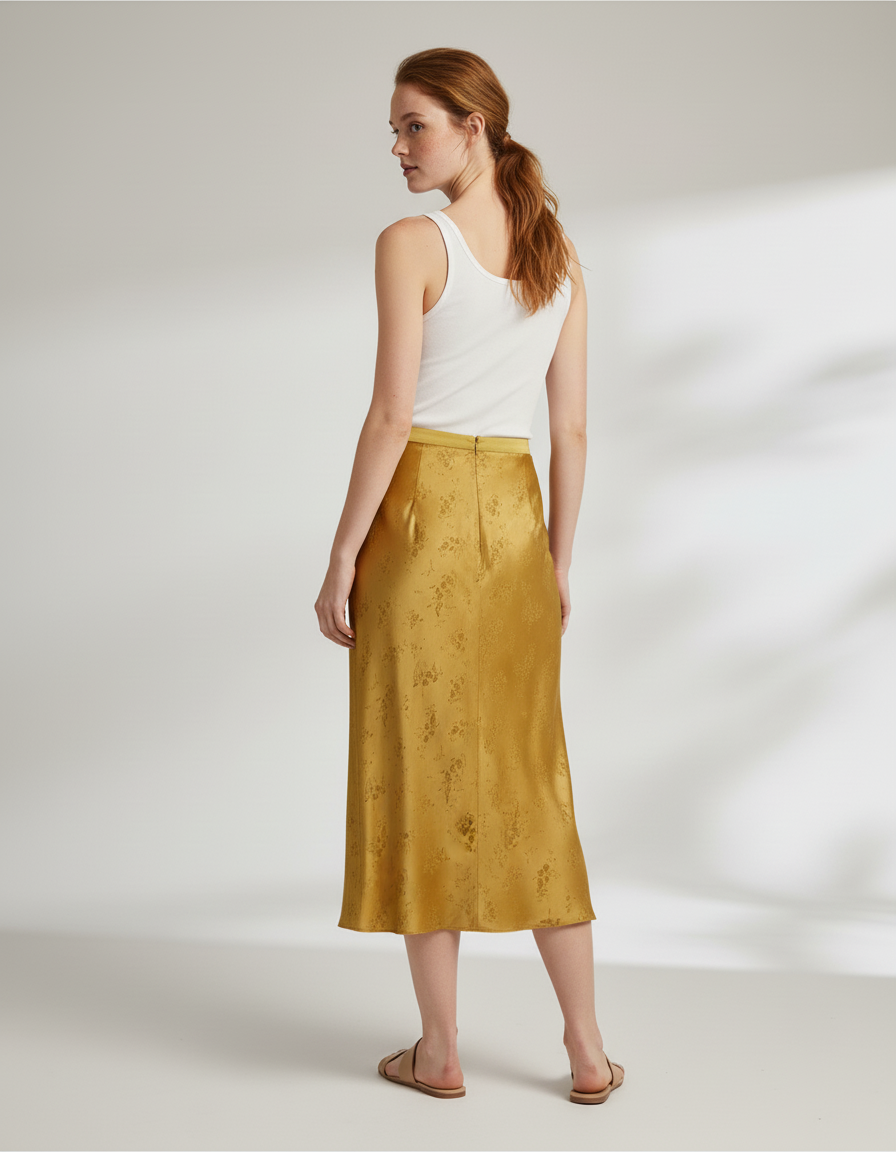 Jupe Longue Satin Jacquard Dorée Élégante