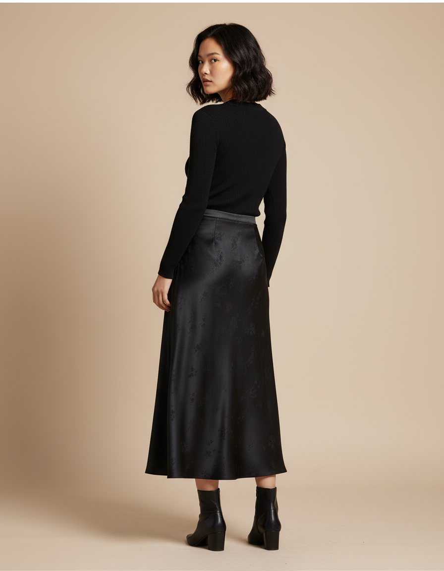 Jupe Longue Satin Jacquard Noire Élégante