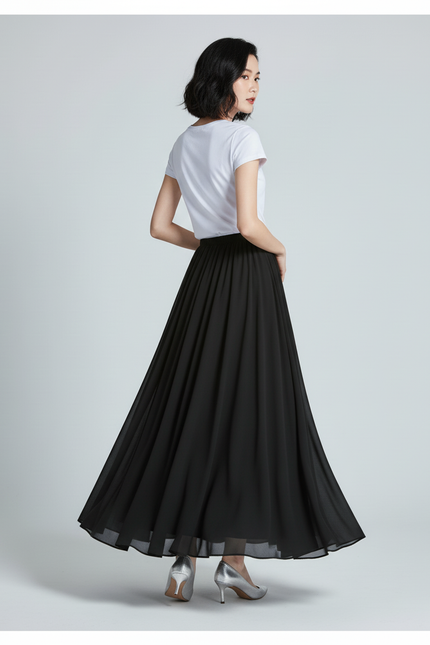 Jupe Longue Noire Fluide Élégante Mode Chic