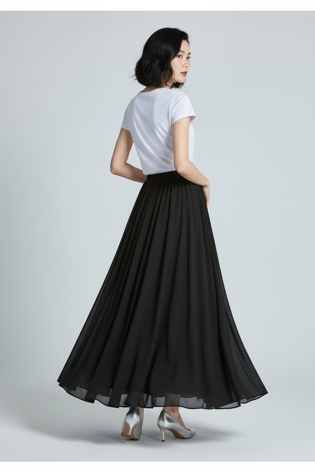 Jupe Longue Noire Fluide Élégante Mode Chic