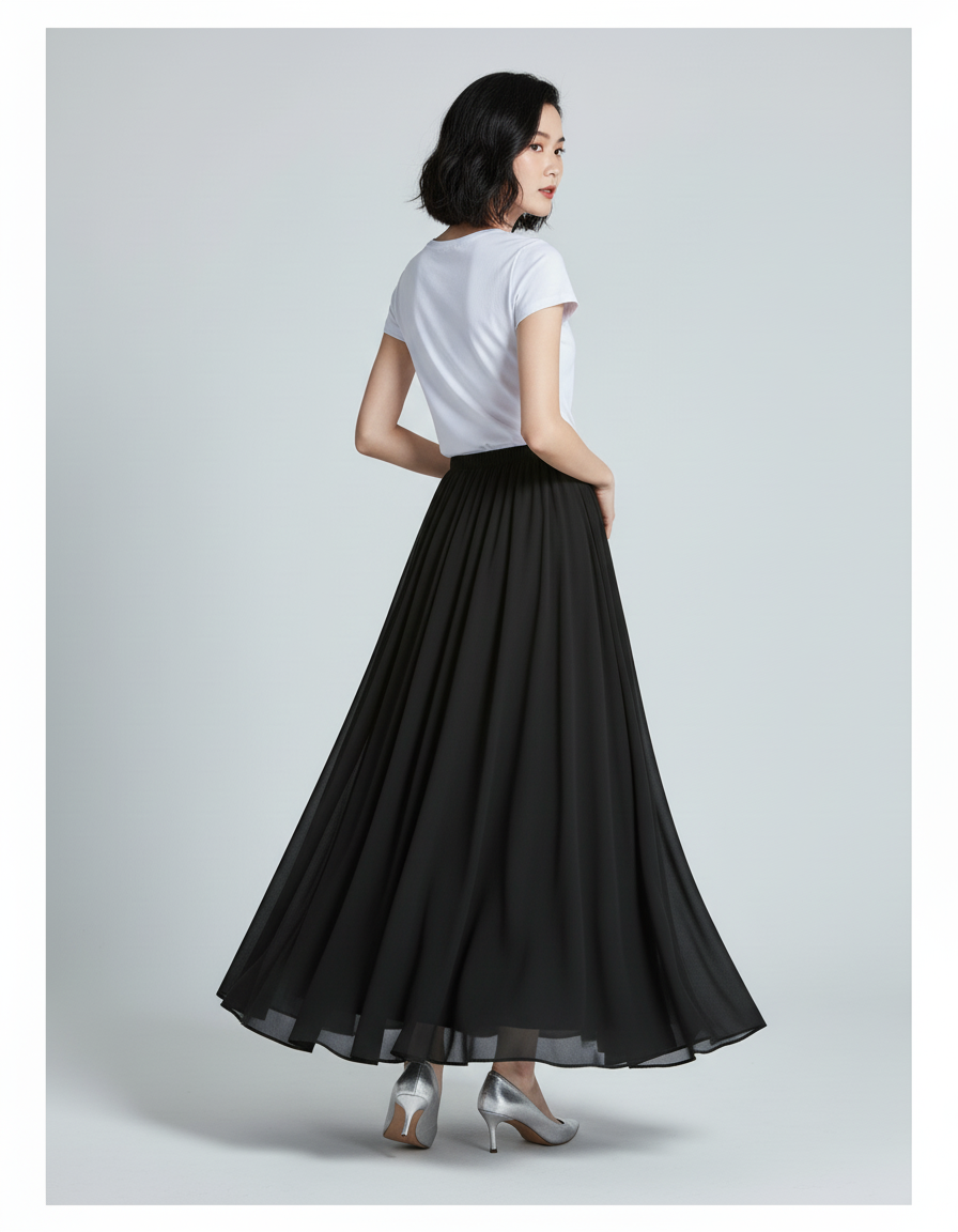 Jupe Longue Noire Fluide Élégante Mode Chic