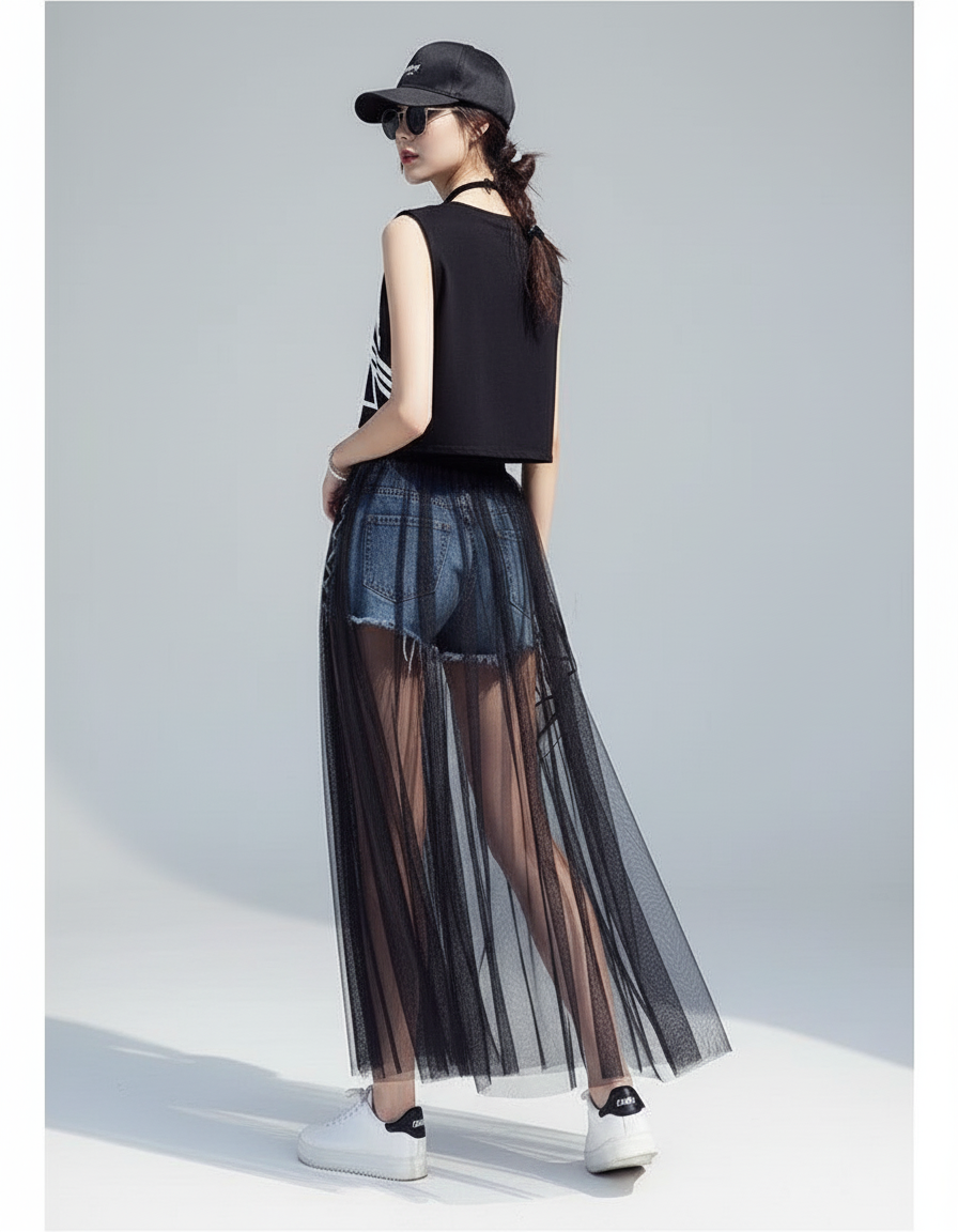 Jupe Longue Jeans Noir Femme