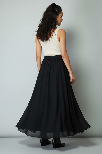 Jupe Longue Noire Fluide Élégante Femme