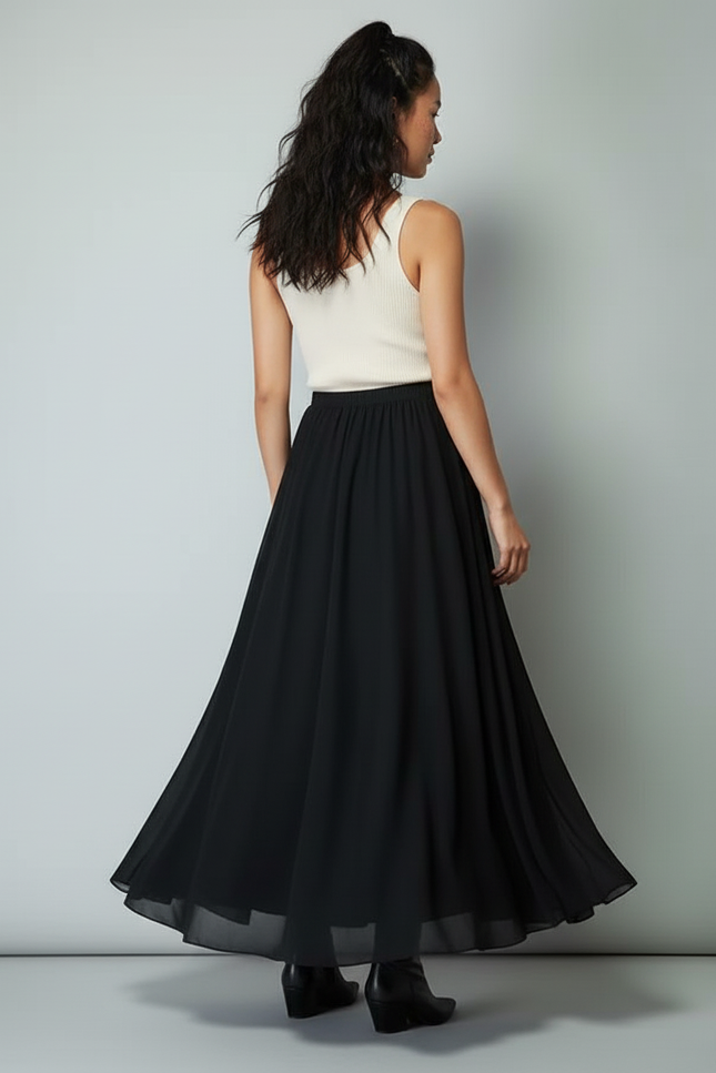 Jupe Longue Noire Fluide Élégante Femme