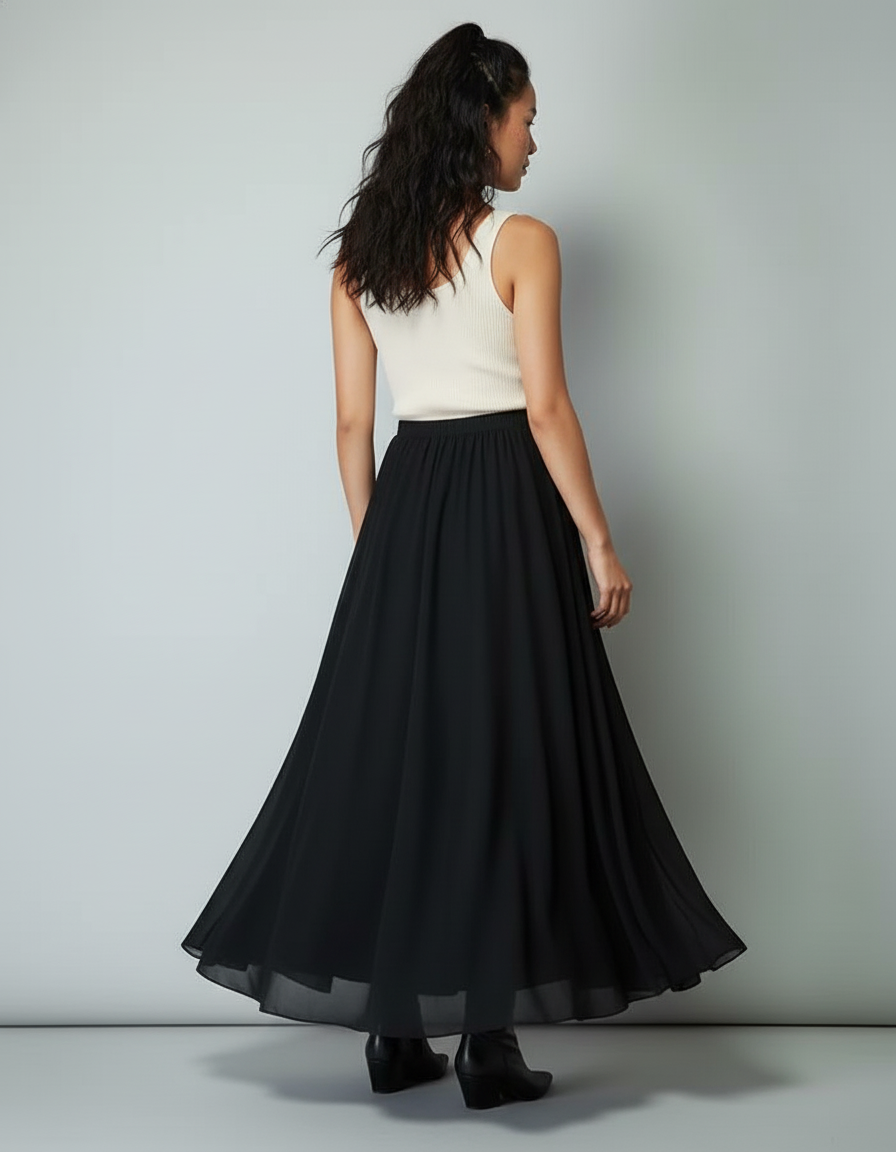 Jupe Longue Noire Fluide Élégante Femme