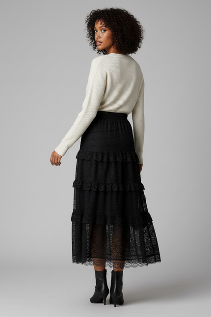 Jupe Longue Noire Dentelle Élégante Soirée Femme