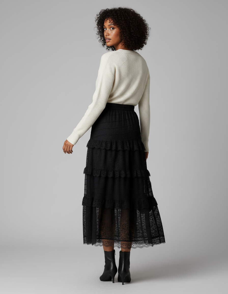 Jupe Longue Noire Dentelle Élégante Soirée Femme