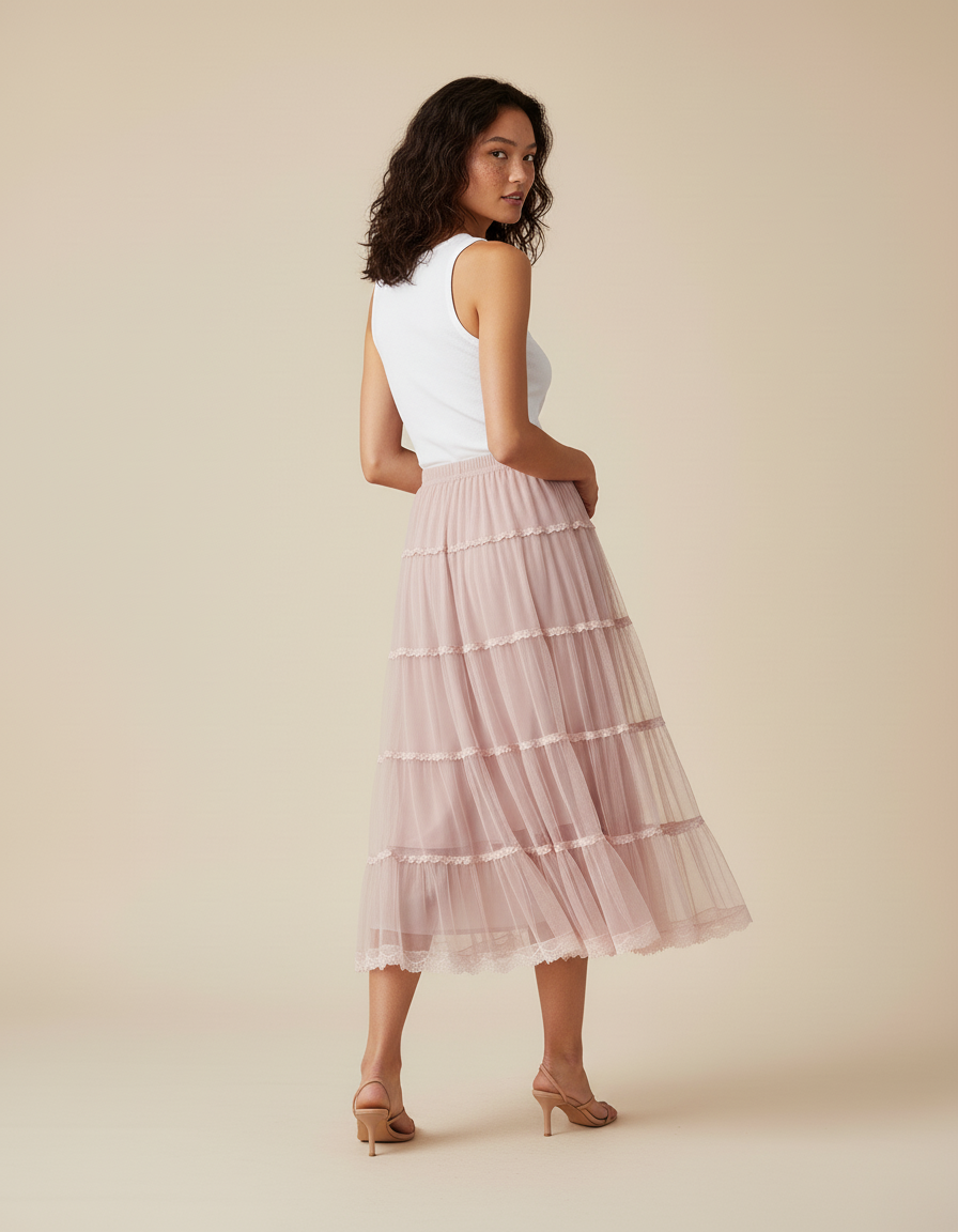 Jupe Longue Rose Poudré Tulle À Volants Fluide