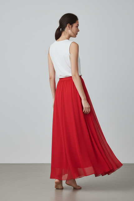 Jupe Longue Rouge Chiffon Fluide