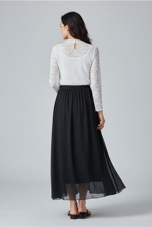 Jupe Longue Noire Mousseline Fluide