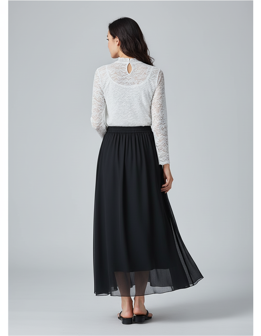 Jupe Longue Noire Mousseline Fluide