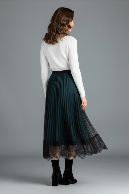 Jupe Longue Vert Émeraude Dentelle Plissée