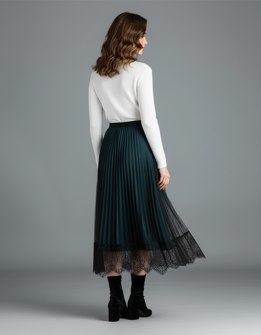 Jupe Longue Vert Émeraude Dentelle Plissée