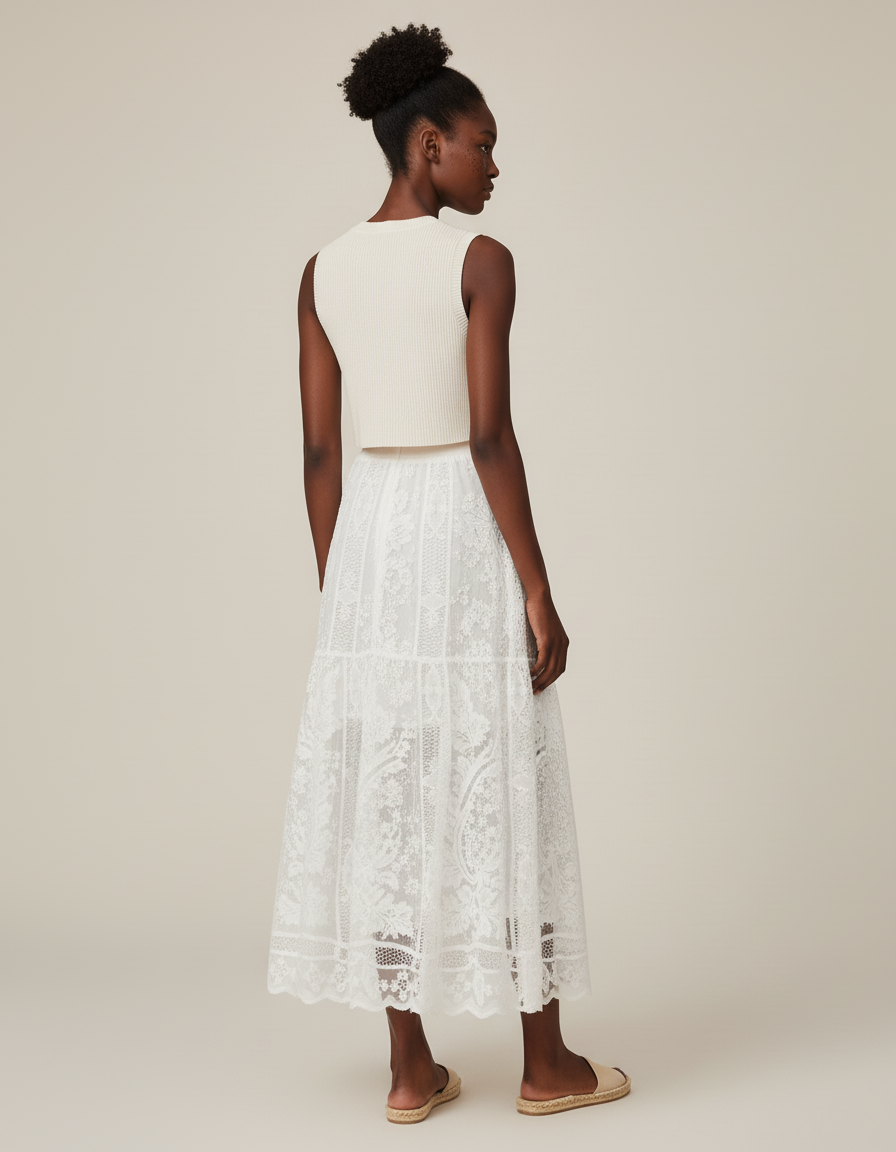 Jupe Longue Blanche Dentelle Élégante Mariage Femme