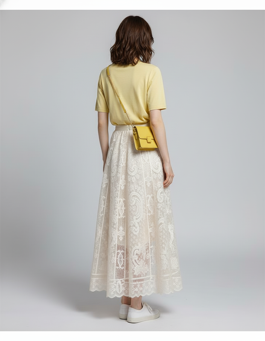 Jupe Longue Dentelle Écru Élégante