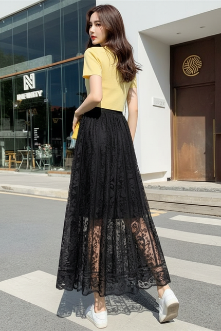 Jupe Longue Dentelle Noire Élégante