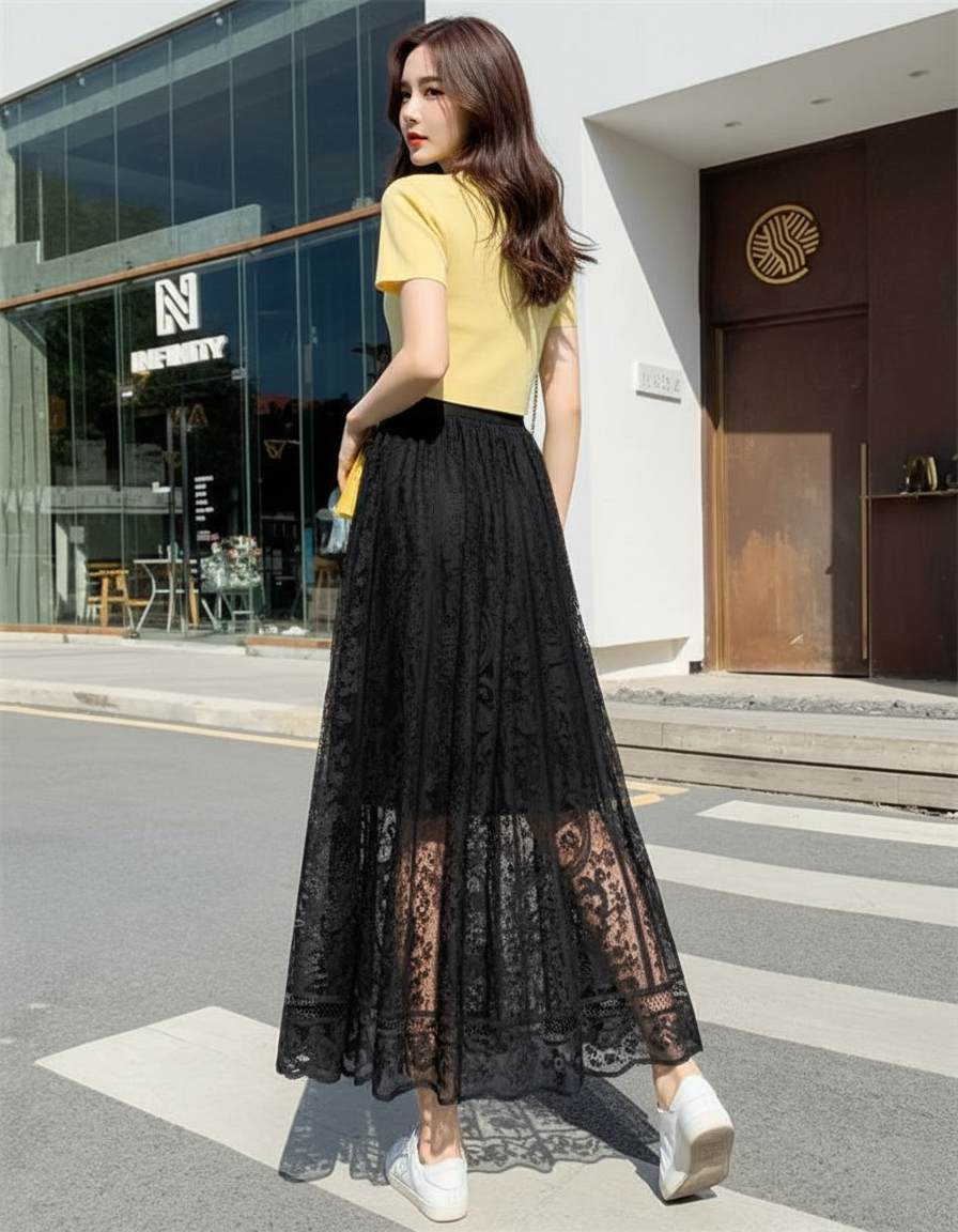 Jupe Longue Dentelle Noire Élégante