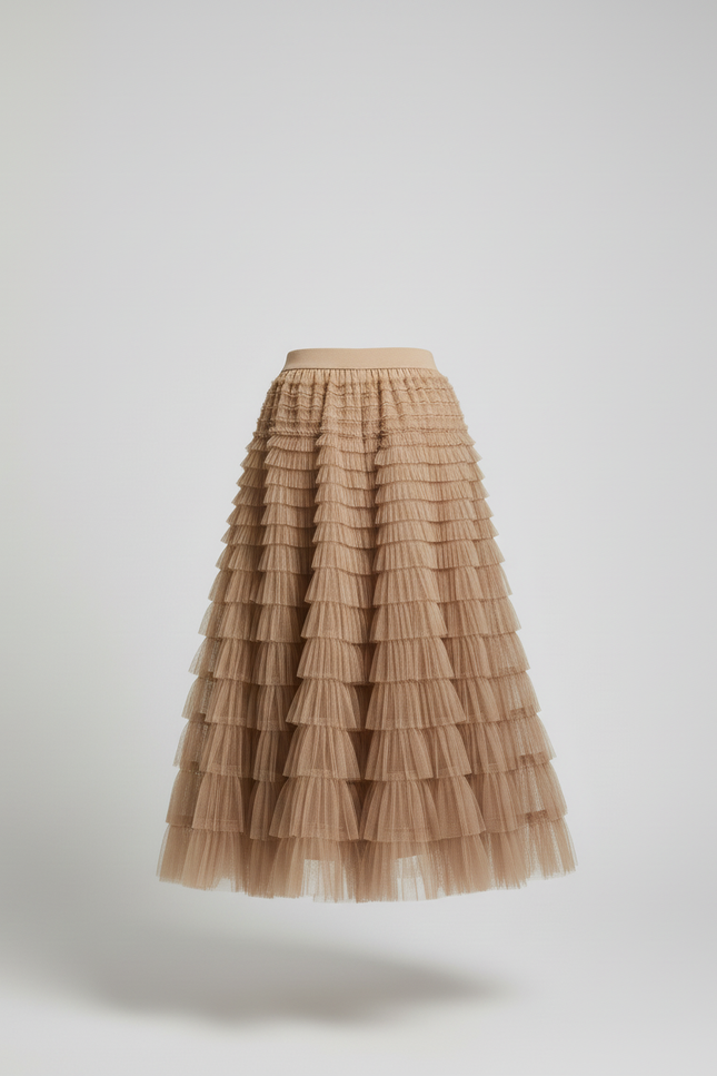 Jupe Longue Beige À Volants Chic