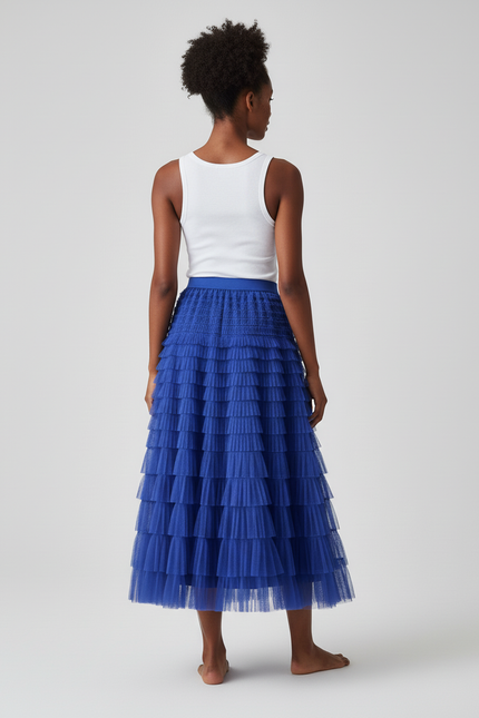 Jupe Longue Bleue À Volants Bohème