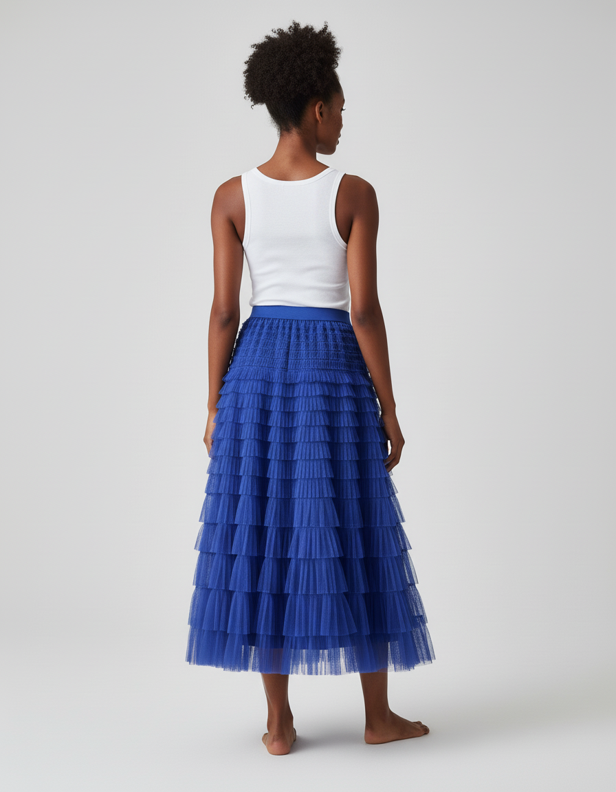 Jupe Longue Bleue À Volants Bohème