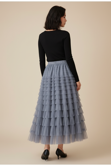 Jupe Longue Grise Tulle Volantée Bohème