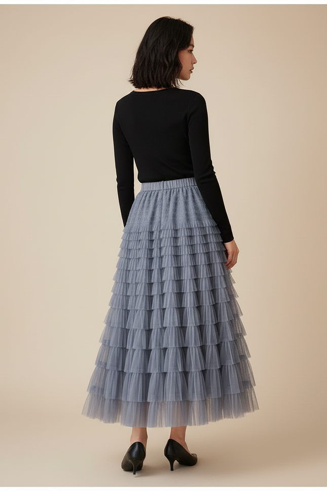 Jupe Longue Grise Tulle Volantée Bohème