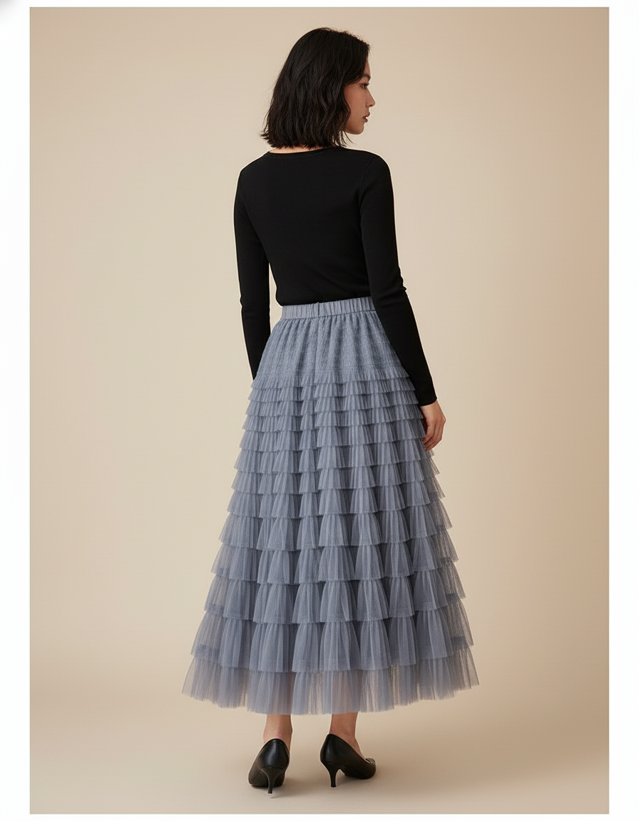 Jupe Longue Grise Tulle Volantée Bohème