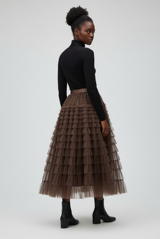 Jupe Longue Marron À Volants Superposés Bohème