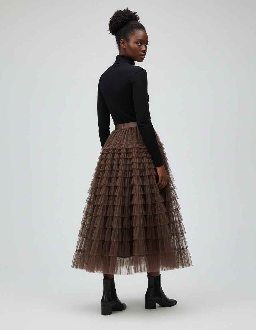 Jupe Longue Marron À Volants Superposés Bohème