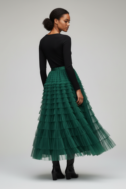 Jupe Longue Verte À Volants Superposés Bohème