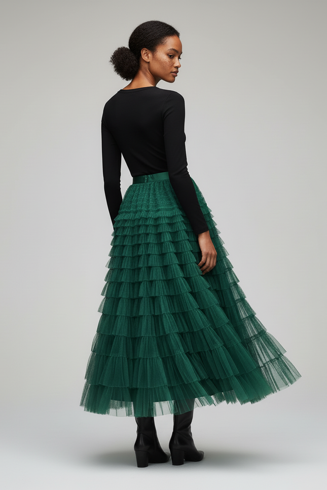 Jupe Longue Verte À Volants Superposés Bohème