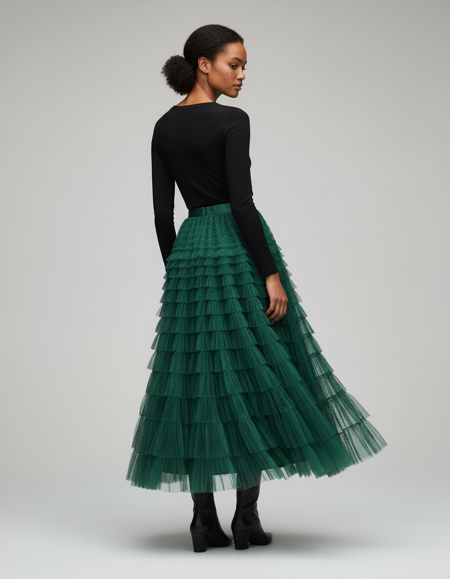 Jupe Longue Verte À Volants Superposés Bohème