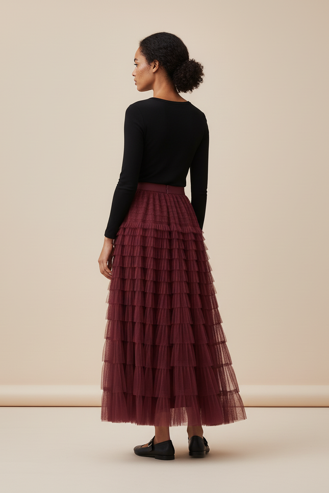 Jupe Longue Bordeaux Volants Bohème