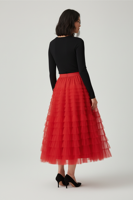 Jupe Longue Rouge À Volants Chic