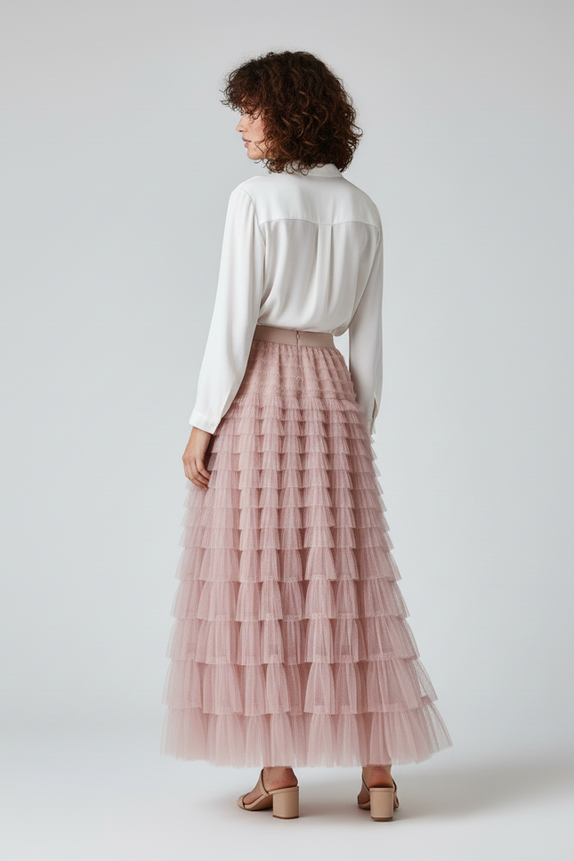Jupe Longue Rose Poudré À Volants Fluide