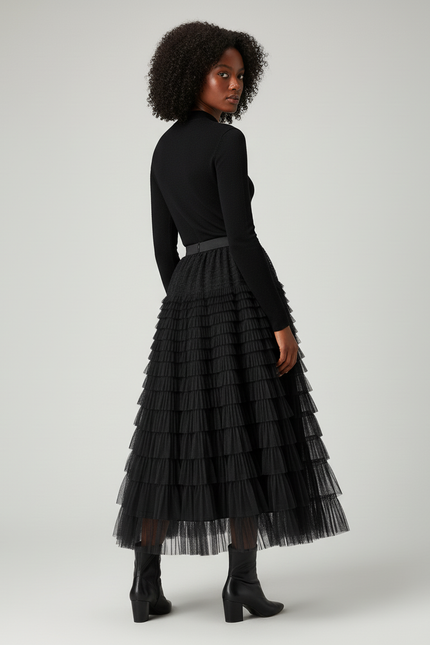 Jupe Longue Noire Tulle Volants Chic Élégante