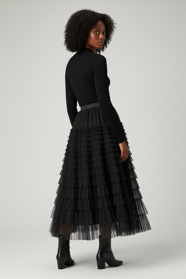 Jupe Longue Noire Tulle Volants Chic Élégante