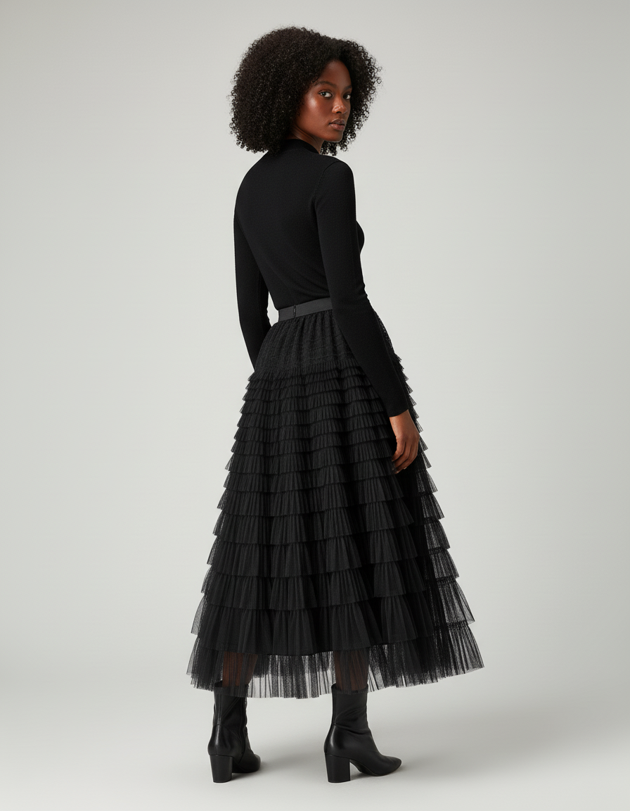 Jupe Longue Noire Tulle Volants Chic Élégante