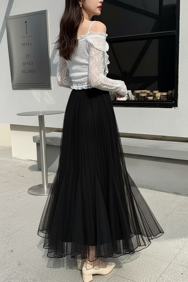 Jupe Longue Noire Plissée Élégante Chic Femme