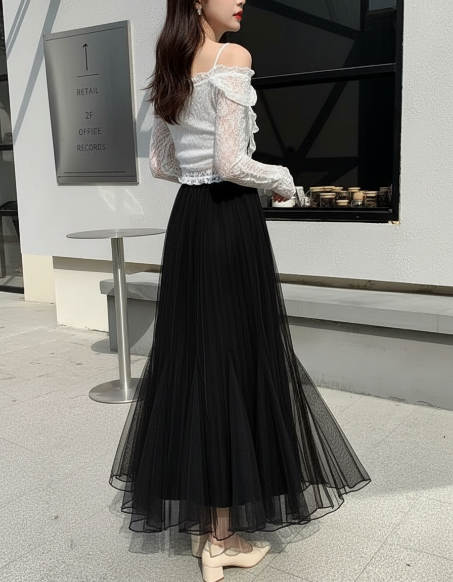 Jupe Longue Noire Plissée Élégante Chic Femme
