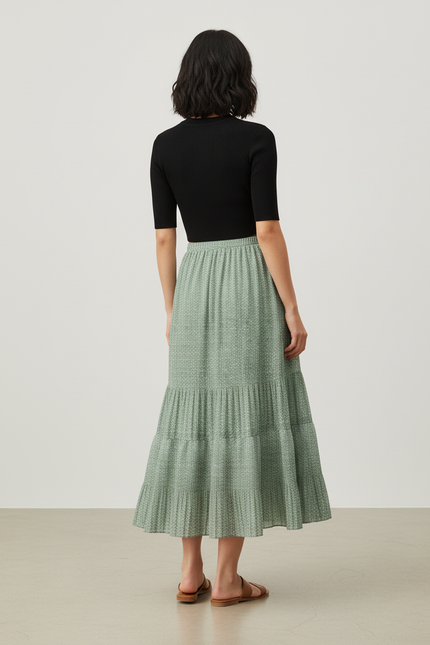 Jupe Longue Vert Sauge Plissée Fluide