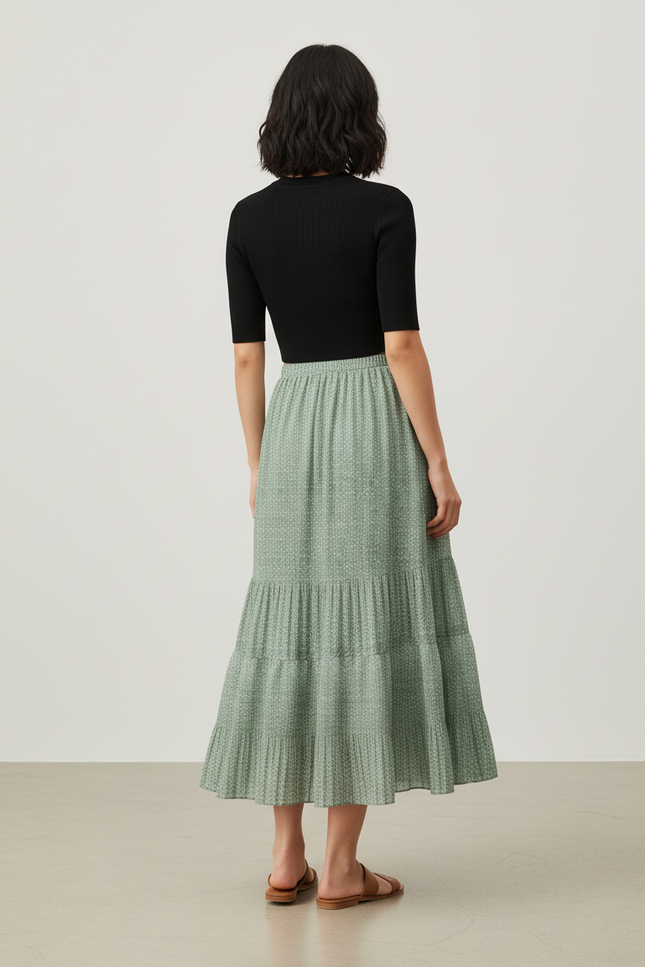 Jupe Longue Vert Sauge Plissée Fluide