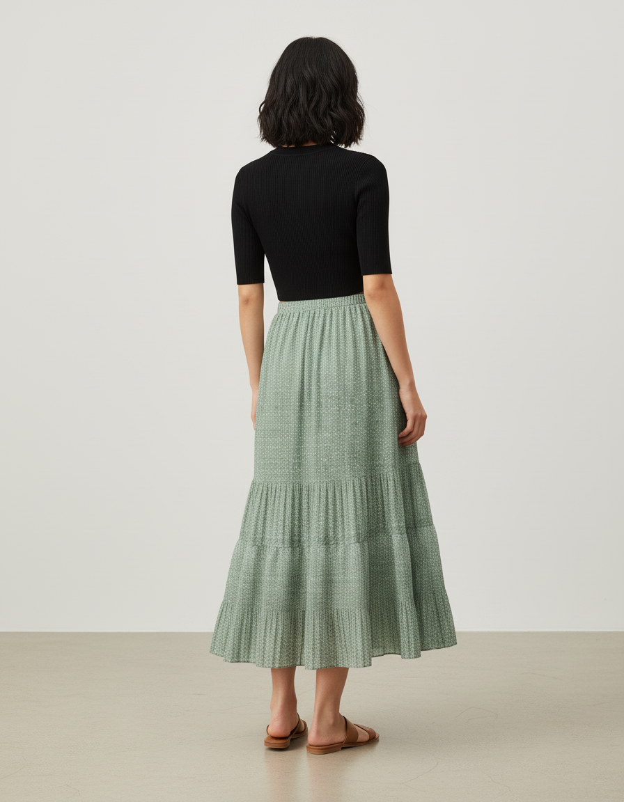 Jupe Longue Vert Sauge Plissée Fluide