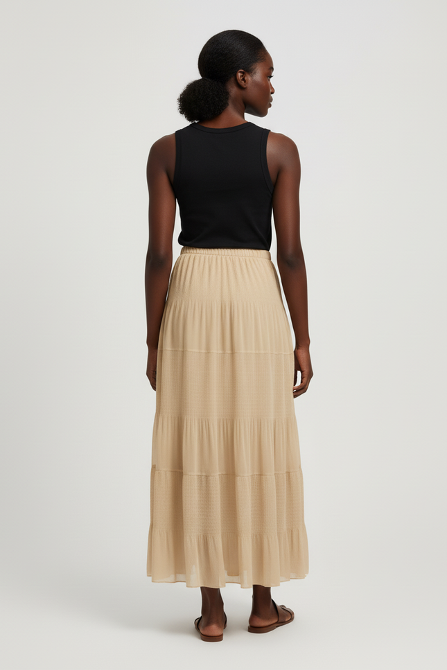 Jupe Longue Beige Plissée Fluide Femme