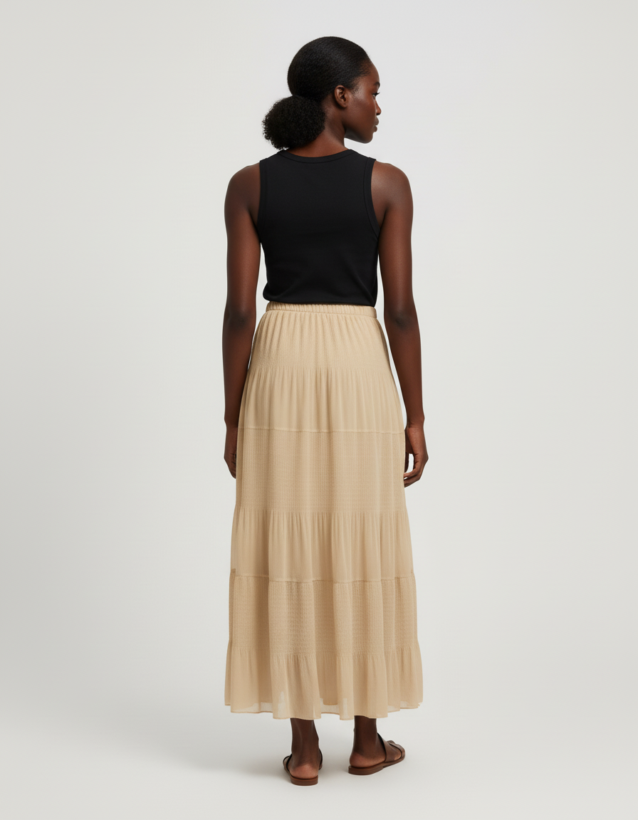 Jupe Longue Beige Plissée Fluide Femme