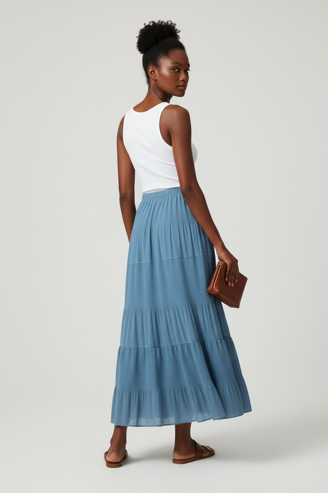 Jupe Longue Bleue Fluide À Volants