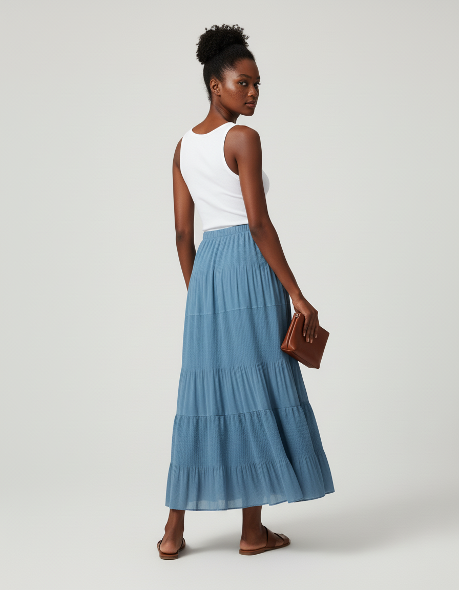 Jupe Longue Bleue Fluide À Volants