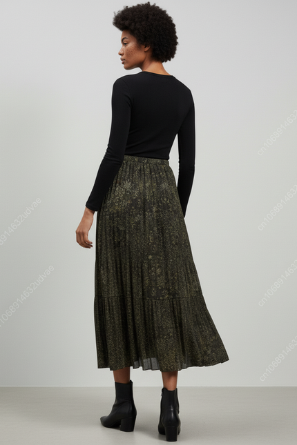 Jupe Longue Plissée Verte Imprimée Fluide