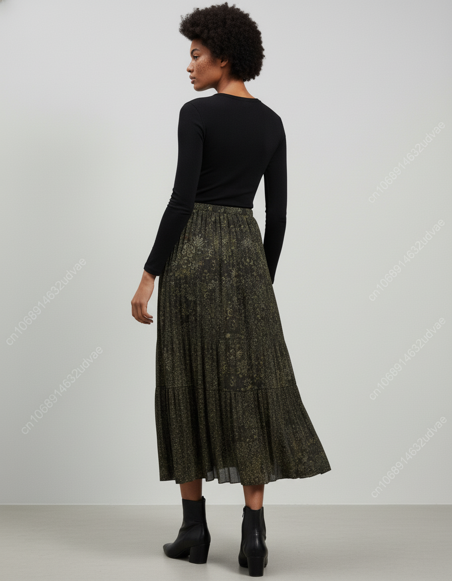 Jupe Longue Plissée Verte Imprimée Fluide